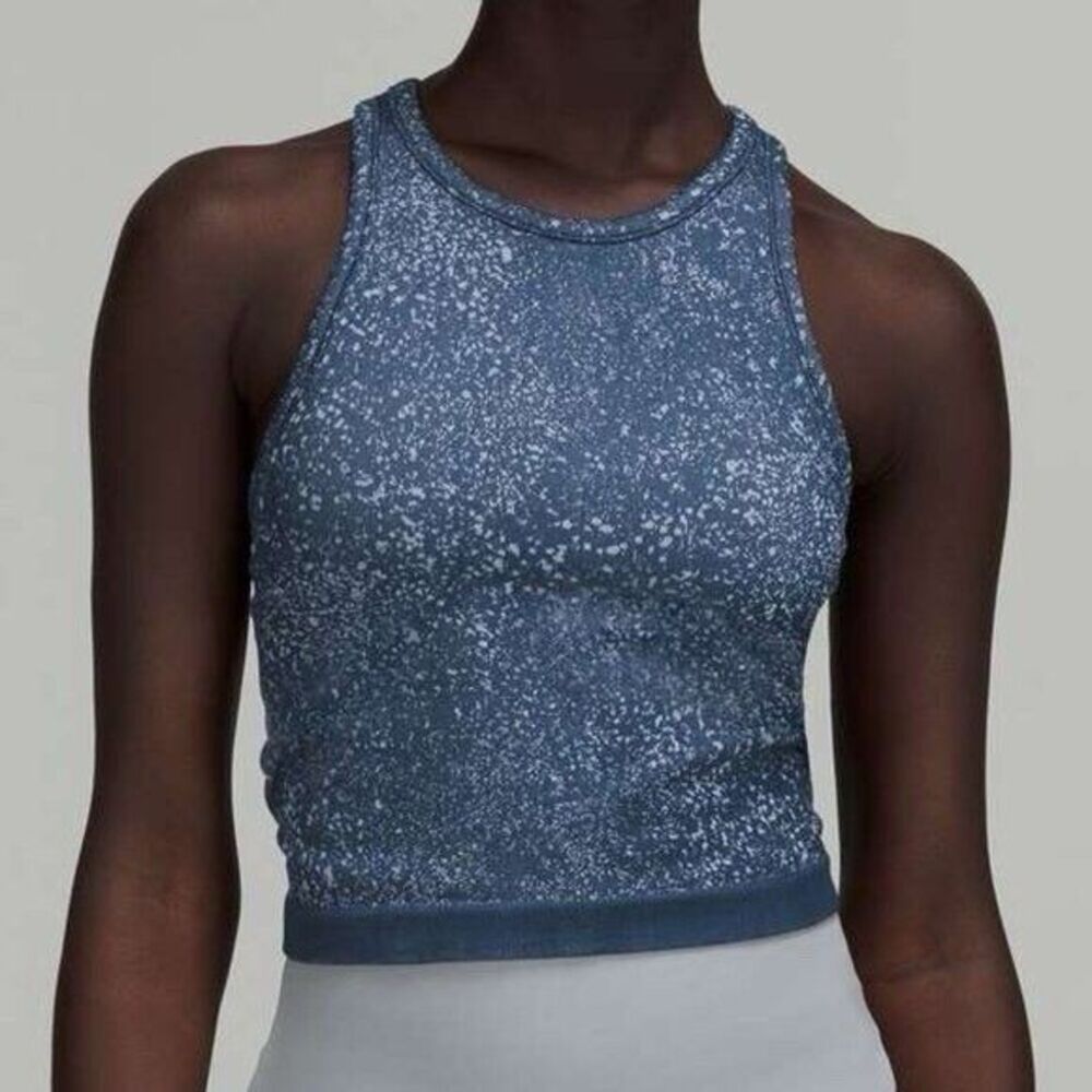 Lululemon Sz 6 Ebb to Street Cropped Racerback Tank Top Distorted Noise Blue